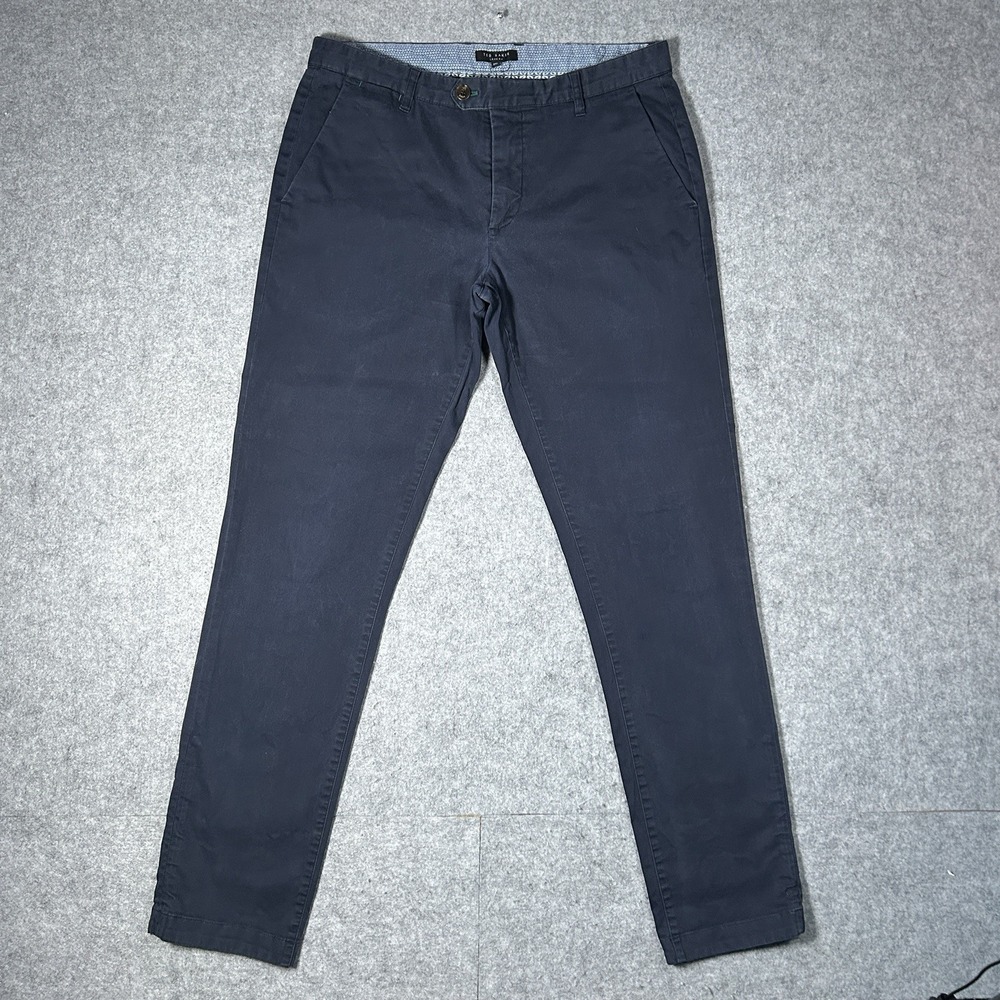Ted‎ Baker Chino Pants Men's Size 34L Navy Blue Flat Front Preppy Button Close